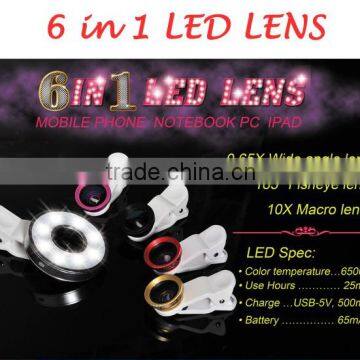 6 in 1 LED lens with LED selfie flash light & clips for Mobile phone