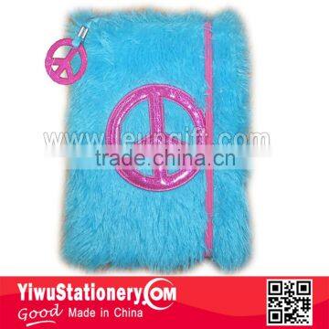 Blue Plush Cover Peace Embroidered Notebook with Elastic Bands Enclosure