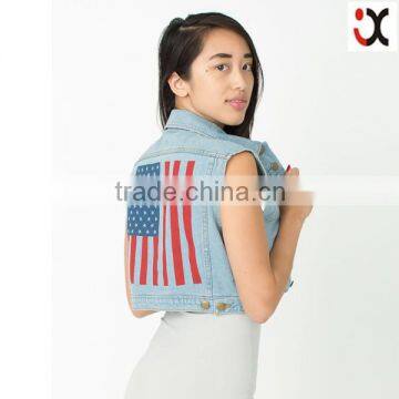 2015 US Flag Screen printed crop denim vest (JXC00199)