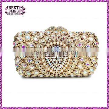 gold metal and AB color crystal evening clutch bag woman handbag ladies party bag (88162A-AB)