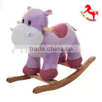 plush purple hippo ride on horse toy rocking horse with wooden base