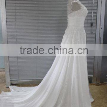 AR-11 Simple Generous White Elegant Long Sequined Appliques O-Neck Satin Bride Dress Boho Wedding Dress Beach Wedding 2016 photo-2