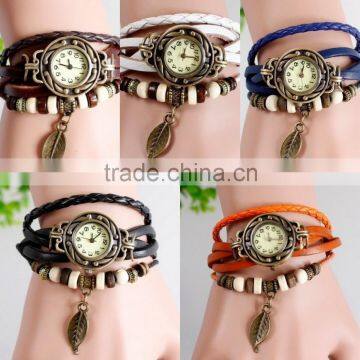 In Stock New Hot Sale Original High Quality Women Genuine Vintage Leather Charm Watch Bracelet Wristwatches Leaf Pendant