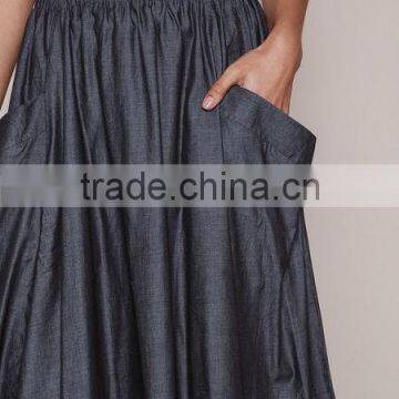 MGOO Elegant Hot Sale Black Midi Skirt With Pockets Fashion OEM African Skirts Chambray Flare Dress photo-3