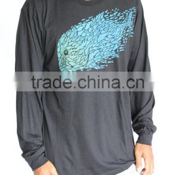 Gray 100% Combed Cotton Men's Long Sleeve Tee OEM Loose Fit T Shirt Water Based ink Printed T-Shirt Wholesale