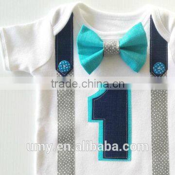 1st Birthday Boy Navy Grey And Bright Aqua Blue Bow Tie All In One One Piece Bodysuit Birthday Party photo-3