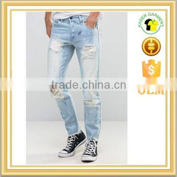 mens high waist blue light stone wash ripped super skinny jeans pants