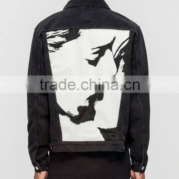 2017 Wholesale Mens Black Denim Motorcycle Printed Jacket photo-2