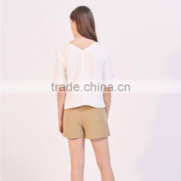 Women's Loose Fit V Neck Press Studs on Short Slited Sleeves Tank Blouse photo-2