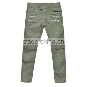Mens Double Zipper Seaming Thick Twill Light Green Pants photo-4