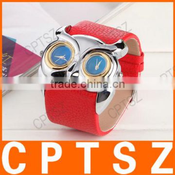 Fashion PU band watch dial retro owl double double movement Waterproof Sport Watch