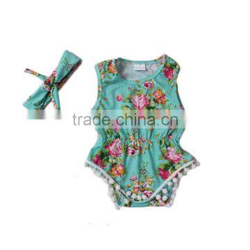 High quality 2017 summer lovely style pom pom toddler climbing clothes with hairband wholesale online baby girls romper bodysuit