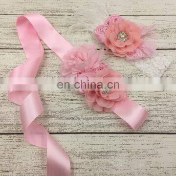 Pink Ribbon Sash Matching Headband Sets Maternity Sash With Lace And Feather Baby Shower Favors