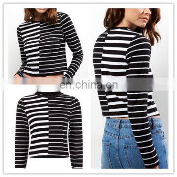 Stylish Black Contrast Stripe Print Long Sleeves Crop Girls T-shirt (16112101)