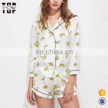 Women night wear 100% polyester contrast piping banana printed summer pajamas sleepwear