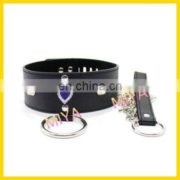 Blue Diamond Leather Bondage Sex Collar With Metal Leash and Padlock Fantasy Adult Toys