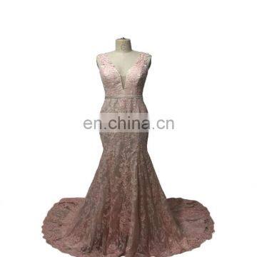 Custom Made Pink Exquisite Sleeveless V Neck Buttons Sweep Train Backless Ruffle Lace Zipper Peplum Women Prom Dress