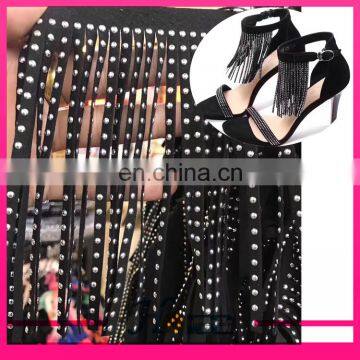 New fashion design suede leather fringe trim with rhinestones for shoe bag and garment