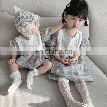 Sisters outfit Toddler Baby Girls Dress Cotton Embroidery Flowers Plaid Kids Dress Childrenswear Wholesale