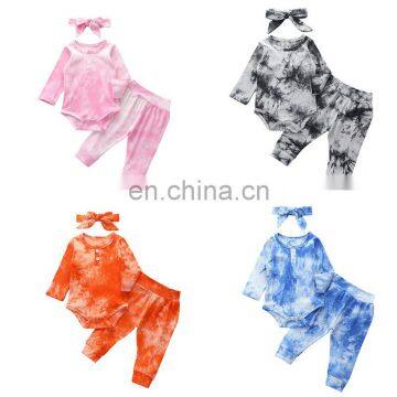 European and American fashion children's clothes hang striped cloth tie-dye romper autumn long-sleeved three-piece baby set