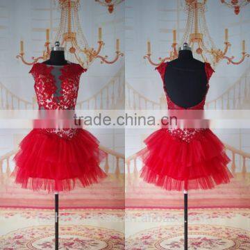 Hot Sale Beautiful Beaded Lace Bodice Short Low Back Real Photo Red Prom Dress