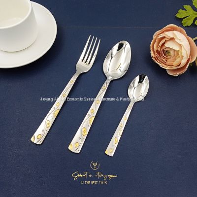 real gold pating stianless steel spoon and fork tea spoon 3 piece set on sales