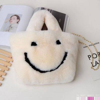 020Plush bag Smiley square bag Large capacity work bag Soft and warm bag with faux fur