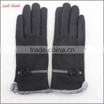 ladies wholesale fashion black micro velvet hand gloves with fur ending