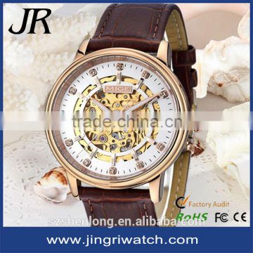 alibaba express hot satinless steel leather relogio masculino branded skeleton automatic mechanical watch