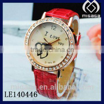 FASHION alloy case leather band quartz watch women's I LOVE YOU heart design women's watch