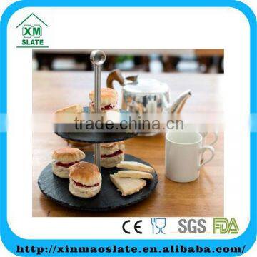 [factory direct] hot sale Natural Edge Round shape Oiled 2 Tier Slate Cake Stand Item DGP-3020CG2AY