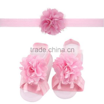 Baby Satin Flower Mesh Flower Barefoot Sandal And Headband Set For Girls