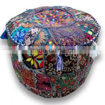 Cotton Multi Pouf, Round Patchwork Embroidered Ottoman Pouf Cover indian Beaded Ottoman Pouf Cover