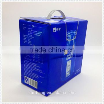 Color printed corrugated paper box with plastic handle packing for milk