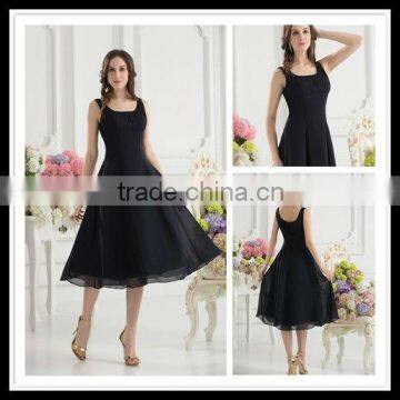 Real Sample Customized Spaghetti Strap A-line Empire Black Tea-length Bridesmaid Dresses xyy07-018