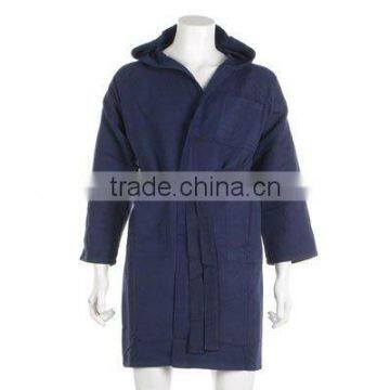 Navy polyester mens spa hooded microfiber bathrobe in sueded woven fabric