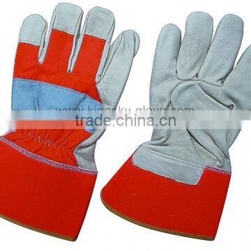 Fluorescent nylon cloth back cow grain leather glove