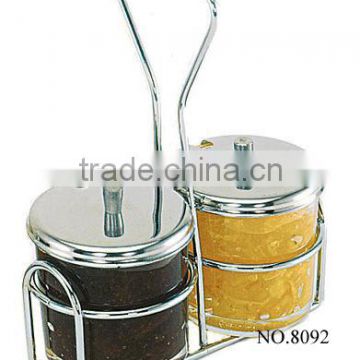 Round glass condiment jar set with rack