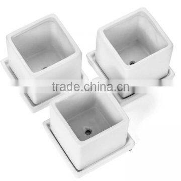 Set of 3 Succulent Planters Ceramic Cubes With Drain Hole and ITray photo-2
