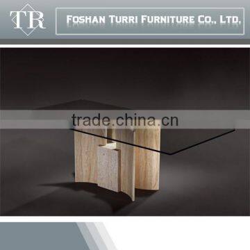Modern Design Travertine Marble Base Glass Top Coffee Table photo-3