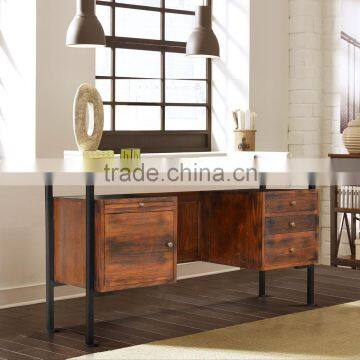 Writing Desk Retro Style Solid Teak Wood Combination with Metal 6 Drawers