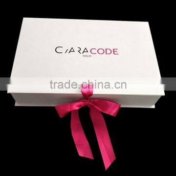 custom white box hot stamping logo with purple ribbon closure folding gift box for dress packaging