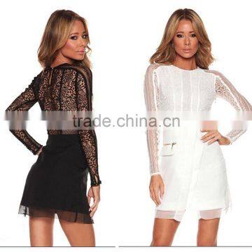 2014 New Mesh Inserts Long Sleeve Crochet Lace Dress