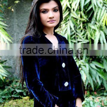 Fashion Brand Designer Long Kurtis With Front Neck Crystal Buttons Navy Blue Velvet Kurti HSD7920 photo-3