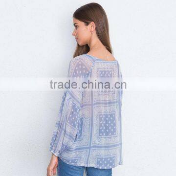 Fringed Drawstring Elastic Neckline Sheer Georgette Peasant Blouse photo-3