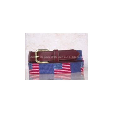 Needlepoint American Flag Belt with Leather Ends