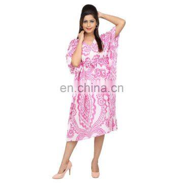 Indian 100%Cotton Hand Block Women's Wear Maxi Dress Kimono Sleeves Knee Length Kaftan