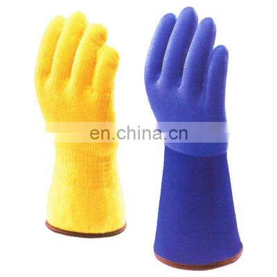 Long Sleeve Cassimere Fleece Lining Thermal Blue Sandy PVC Fully Dipped Waterproof Fishing Gloves for Winter