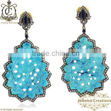 925 Sterling Silver Diamond Earrings, Pave Round Dang Jewelry, Turquoise Gemstone Carving Earrings, Carving Jewelry Wholesaler