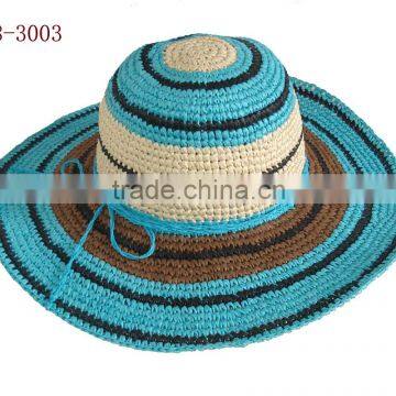 hand weave paper straw knitting striped ladies hat